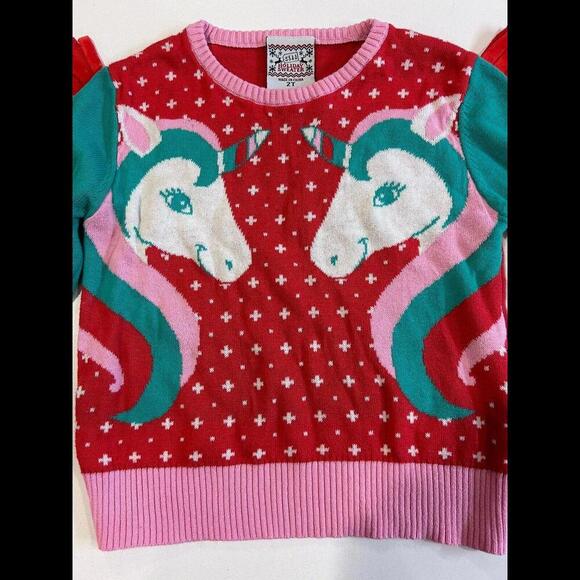 Well Worn Toddler Girls Unicorn Holiday Sweater 2T Red Green Pink Velour Fringe - Picture 4 of 9